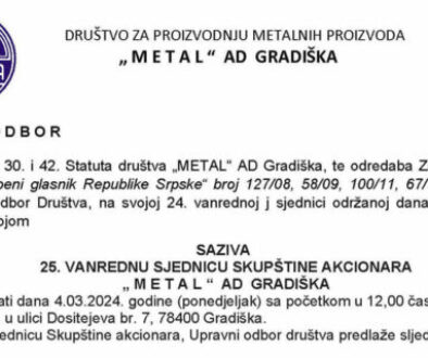 Saziv 25. vanredne Skupštine akcionara Metal a.d. Gradiška