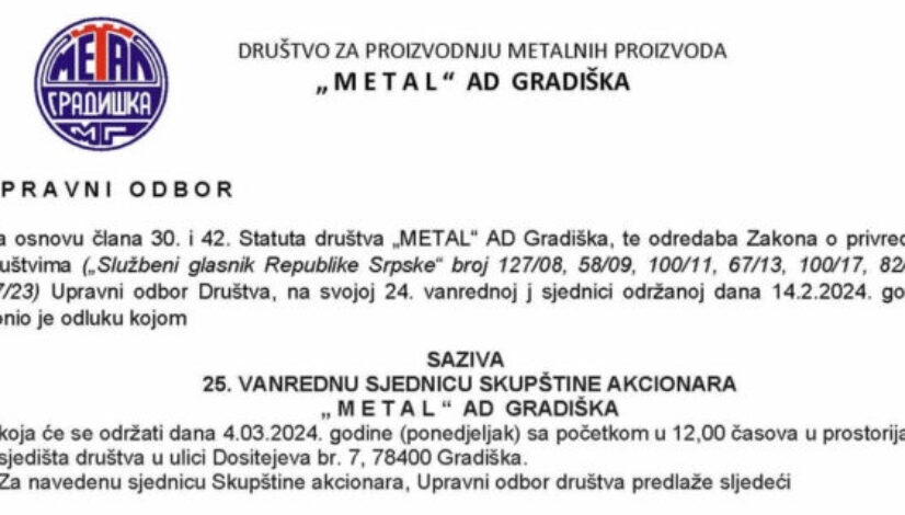 Saziv 25. vanredne Skupštine akcionara Metal a.d. Gradiška